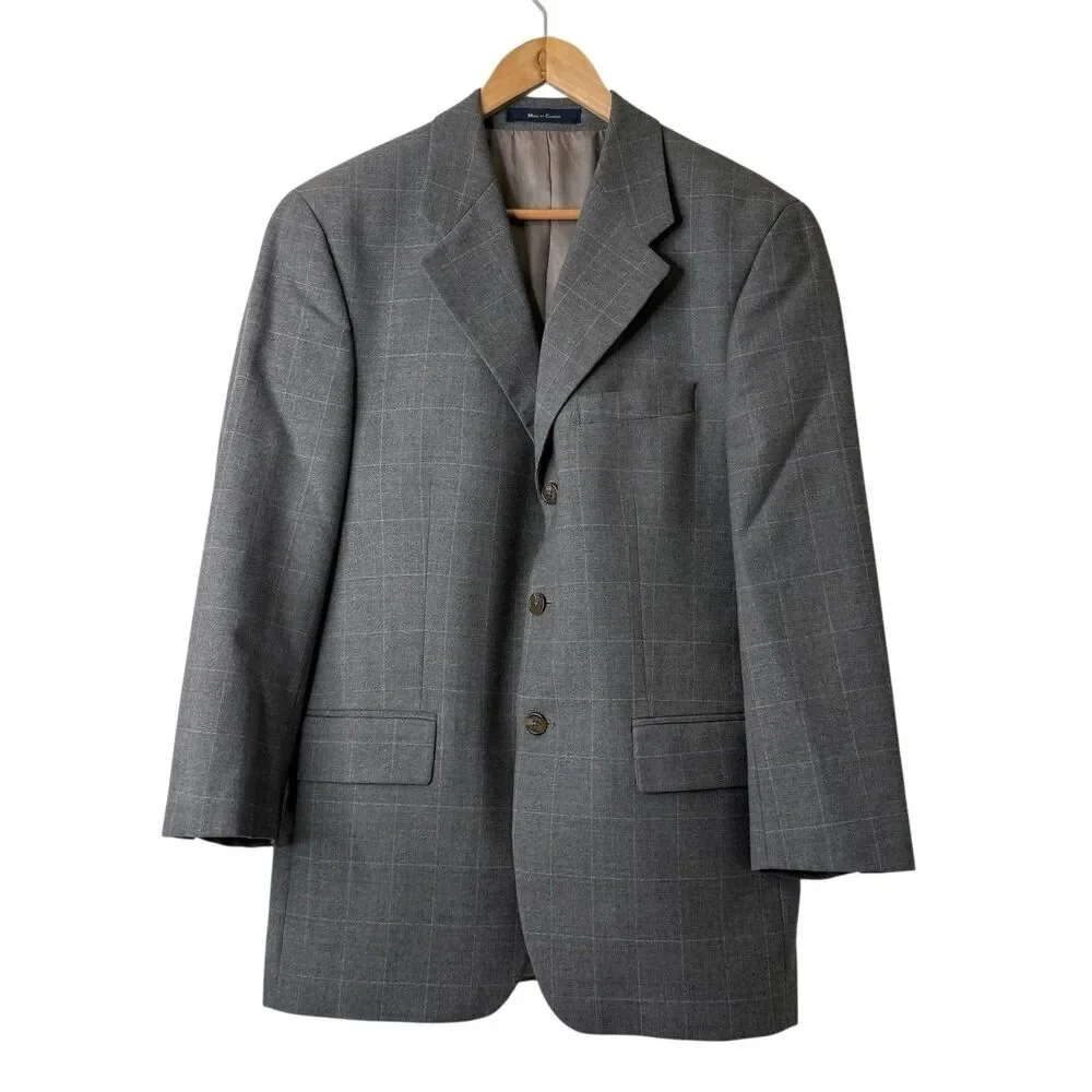 VTG 90s Ralph Lauren Wool 2Pc Suit 40R Gray 34 Waist Windowpane Plaid Canada
